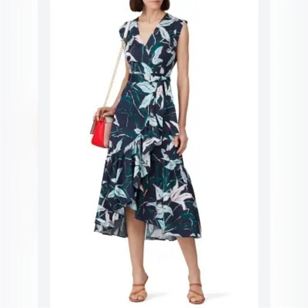 Tory Burch Blue Floral Print Wrap Midi Dress Size S